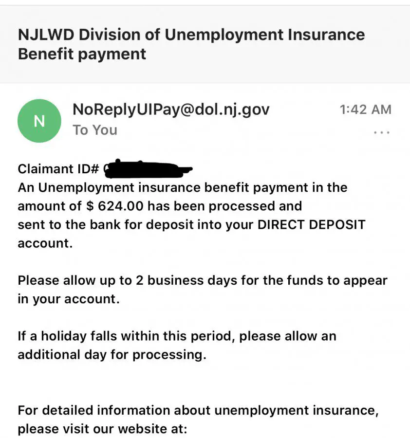 NJLWD Division of Unemployment Insurance Benefit payment